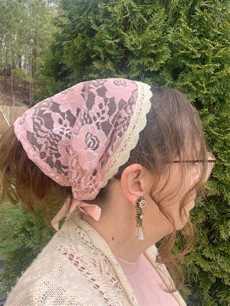 Pink Floral Lace W Lace Trim Medium Headcovering Headband Headscarf