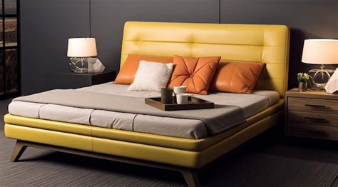 Premium Photo | A bed with a yellow bed frame and a side table.