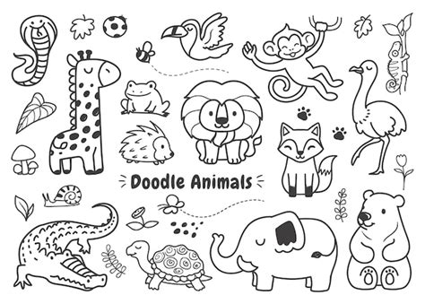 Premium Vector | Doodle set of simple animals in the forest