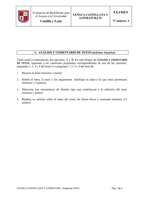 Examen Lengua Castellana Y Literatura De Castilla Y Le N Ordinaria De