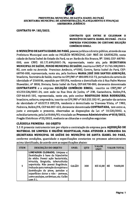 CONTRATO Nº182 2022 M LIMPEZA HIG assinado Prefeitura Municipal de