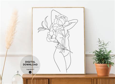 Sexy Nude Woman Line Art Minimalist Wall Art Woman Line Art Female Body Silhouette Flowers