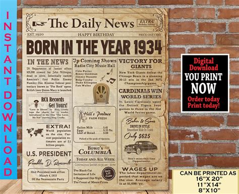 1934 Birthday Newspaper Poster 1934 Newspaper Facts For Etsy