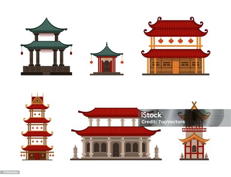 Set Bangunan Tradisional Asia Ilustrasi Vektor Kartun Kuil Pagoda Atau