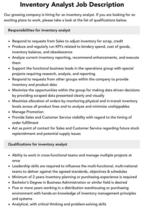 Inventory Analyst Job Description Velvet Jobs