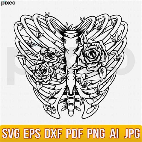 Rib Cage Heart With Rose Svg Ribcage Flowers Svg Skeleton Inspire