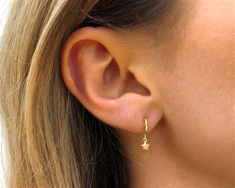 Tiny Star Dangle Hoop Earrings Gold Star Huggie Hoop Etsy