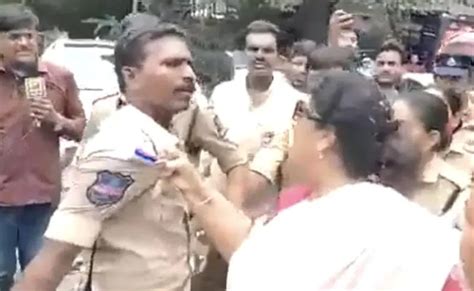 Tgana Cong Protests Former Minister Renuka Chowdhury Grabs Cops Collar