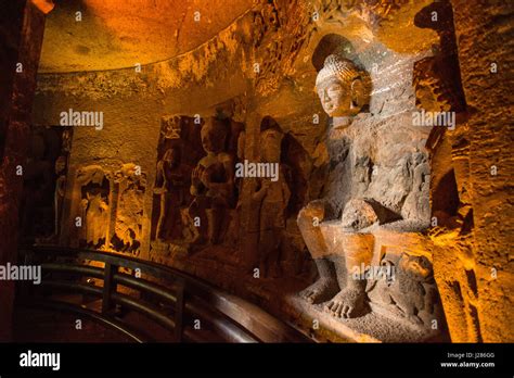 Details of a sitting Buddha at a Chaitya Griha at Ajanta Caves, Aurangabad, Maharashtra, India ...