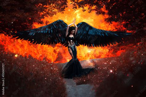 Young Fantasy Woman Fallen Angel From Burning Hell Dark Black Wings Sexy Carnival Costume