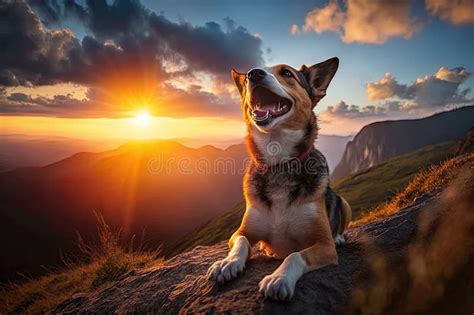 Dog Sitting On Mountain Peak With View Of The Sunrise Wagging Its