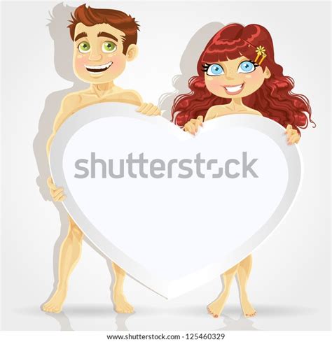 Cute Naked Man Woman Holding Poster Stock Vector Royalty Free Shutterstock