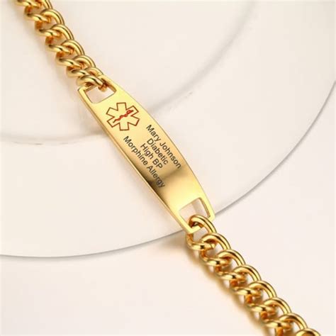 Womens Gold Chain Link Medical Id Bracelet Custom Engraved Jewelry