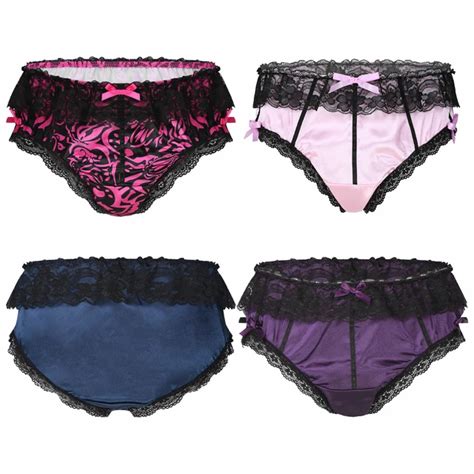 MEN S SHINY SATIN Lace Ruffled Underwear Bikini Briefs Sissy Crossdress