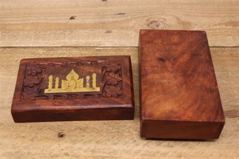 Vintage Sheesham Carved Wood Jewelry Box With Taj Mah Gem