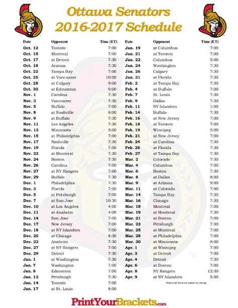 Ottawa Senators Printable Schedule - Printable Schedule