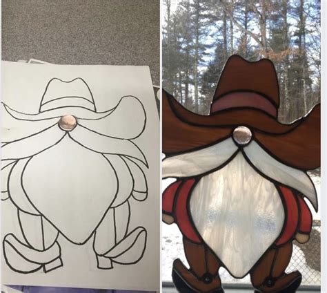 Three Different Stained Glass Images One With A Cowboy Hat And The