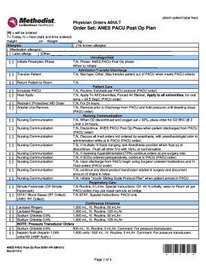 Fillable Online Anes Pacu Post Op Plan Methodistmd Fax Email Print