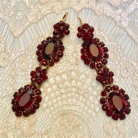 Antique Bohemian Garnet Earrings Hanging Pierced Bohemian Garnet