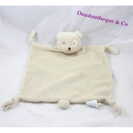 Doudou plat ours KIMBALOO beige crème cocard blanc 4 noeuds SOS d