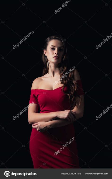 Attractive Woman Red Dress Arms Crossed Looking Camera Posing Isolated