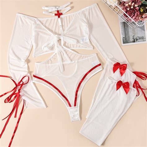 Generic Ins High End Quality Bow Embroidery Hollow Corrugated Sexy Lingerie Suit