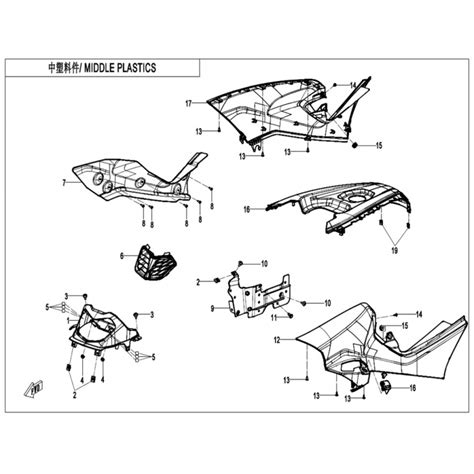 VUE ECLATEE PIECE CARROSSERIE CENTRALE CFMOTO CFORCE 450 T3 COURT BLUE