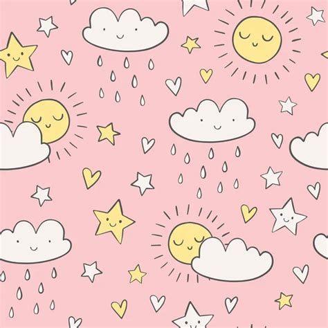 Night Sky Vector Pattern With Smiling Moon Stars And Clouds Hand