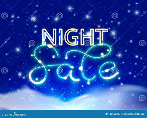 Night Sale Neon Lettering Evening Sky Vector Illustration Stock