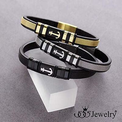 Jewelry Braided Stainless Steel Black Leather Anchor Bracelet For