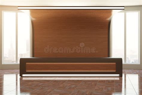 Stylish Wooden Classroom Interior With Table In Row And Mockup Laptop Stock Illustration