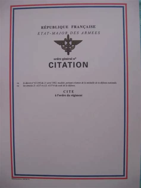 DIPLOME VIERGE CITATION A L Ordre Du Regiment Militaire Armee De