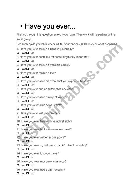 Have You Ever Esl Worksheet By Noworries1539