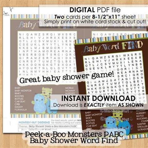 Peek A Boo Monsters Baby Shower Game Printable PDF