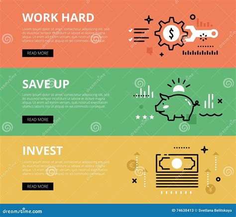 Work Hard Save Up Invest Web Banners Set Stock Illustration