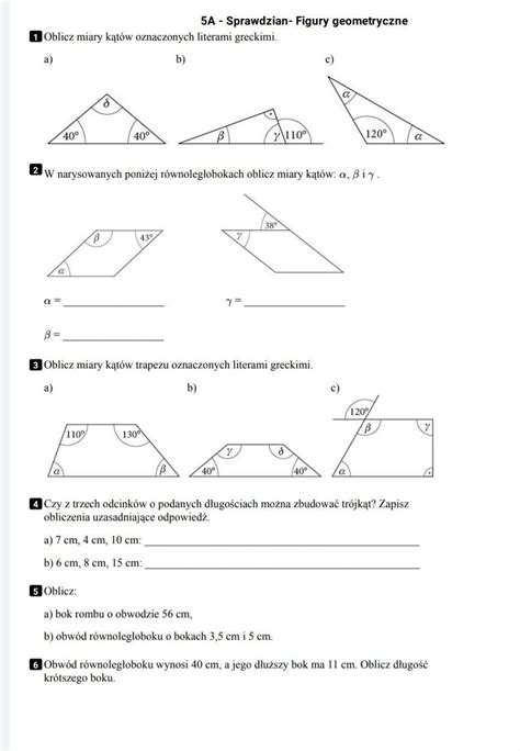 Sprawdzian Z Matematyki Klasa 7 Figury Geometryczne Mądry