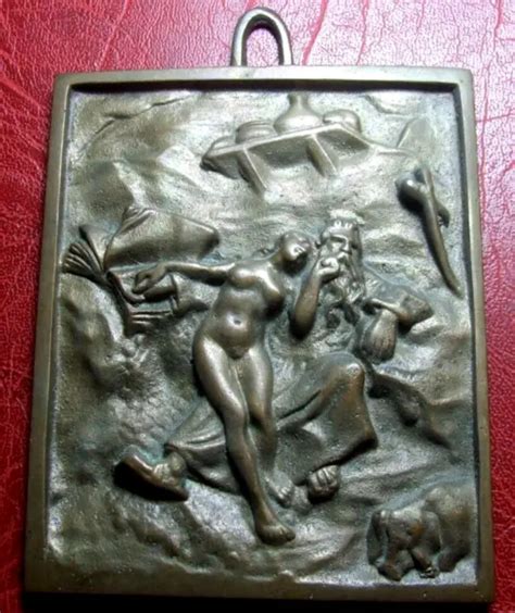 Vintage Plaque Naked Woman Seated On An Old Barbed Man Pig At Feet To