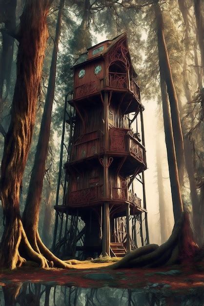 Premium Ai Image Magical Mystery Epic Tree House Eerie Forest Background