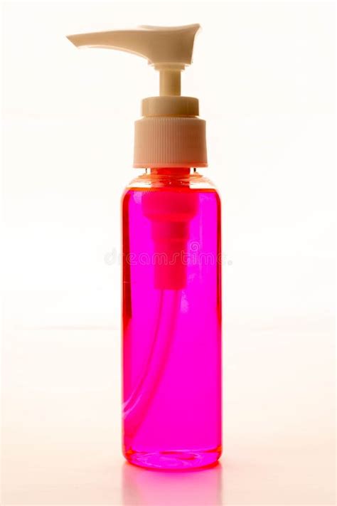 Close Up View Of Pink Hand Sanitizer Isolated On White Background Stock