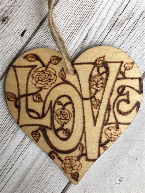 Wooden Hanging Heart 8cm Pyrography Wooden Heart Wood Burning Love