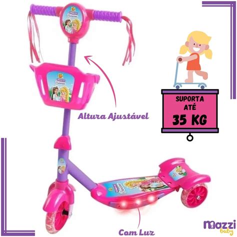 Patinete Infantil Menina 3 Rodas Cestinha Princesas Luz Som Submarino