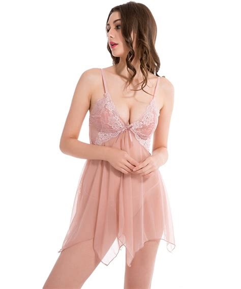 Womens Sexy Lingerie Lace And Mesh Halter Babydoll Set Soft Pink Cm Ntana Z
