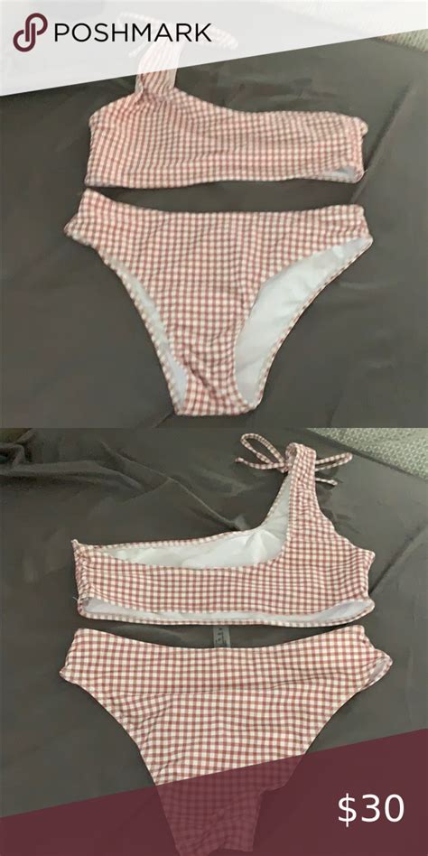 One Strap Bikini Never Worn Super Cute Brown White Pattern Swim