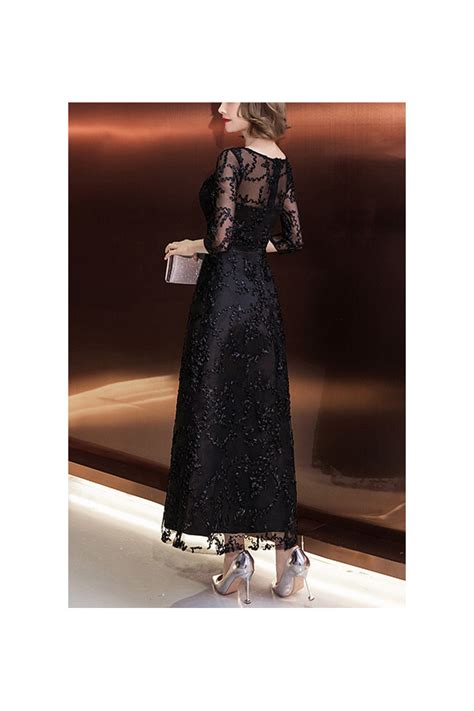 Black Lace Ankle Length Hoco Party Dress With 34 Sleeves 684792