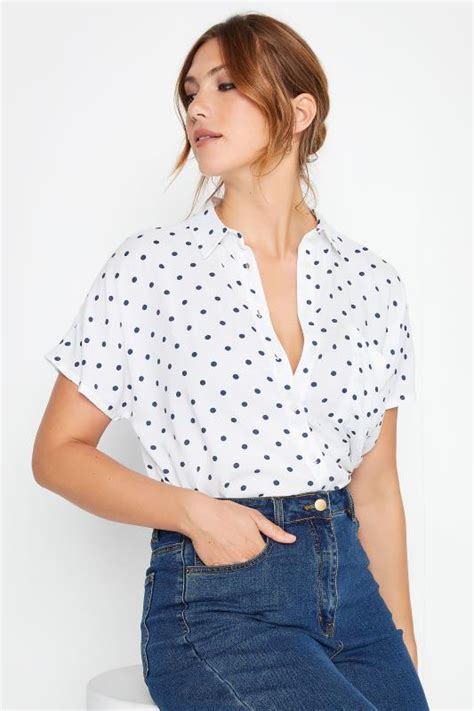 Lts Tall Womens White Polka Dot Print Short Sleeve Shirt Long Tall Sally