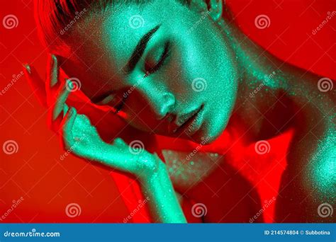 High Fashion Model Woman In Colorful Bright Sparkles And Neon Lights