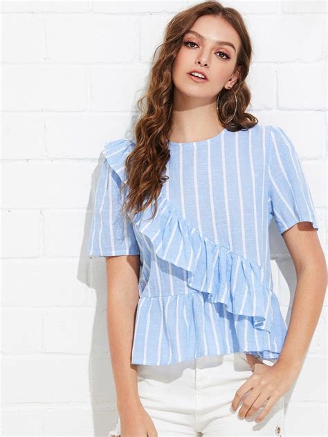 Ruffle Trim Striped Blouse Shein Sheinside Casual Ruffle Casual