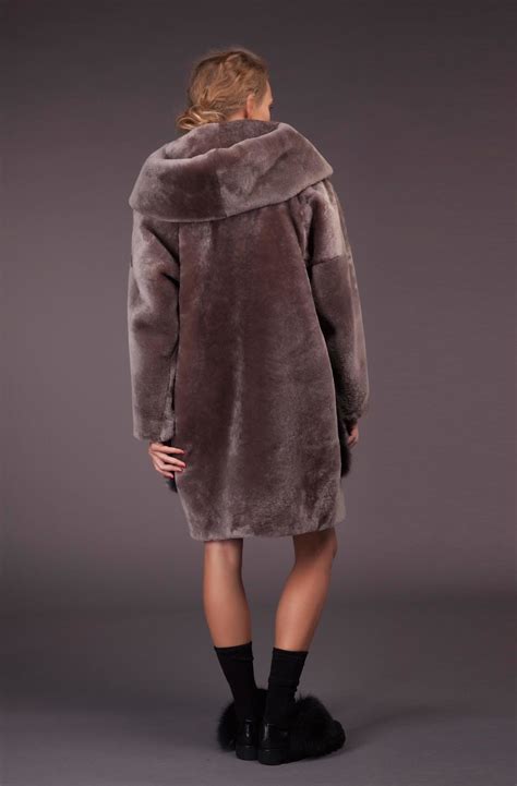 Gray Mouton Sheepskin Coat With Hood And Fox Pockets Handmade By Nordfur