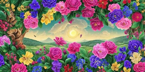 Premium AI Image | A painting of flowers with a sunset in the background.