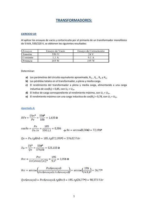 Ejercicios Transformadores Y Motores Transformadores Ejercicio